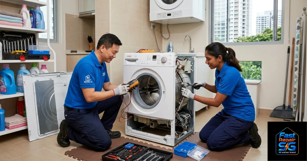 A Fast Repair SG image featuring a male and female technician is repairing a washing machine.