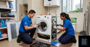 A Fast Repair SG image featuring a male and female technician is repairing a washing machine.
