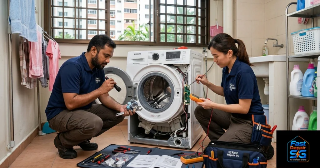 A Fast Repair SG image featuring a male and a female technician repairing an open front-load washing machine.