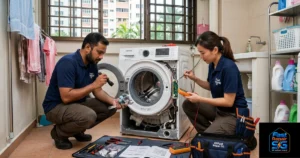 A Fast Repair SG image featuring a male and a female technician repairing an open front-load washing machine.
