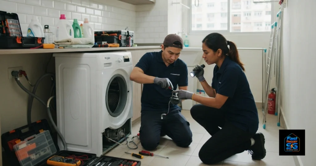 A Fast Repair SG image featuring a male and a female technician repairing a washing machine.