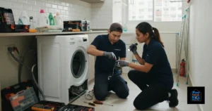 A Fast Repair SG image featuring a male and a female technician repairing a washing machine.