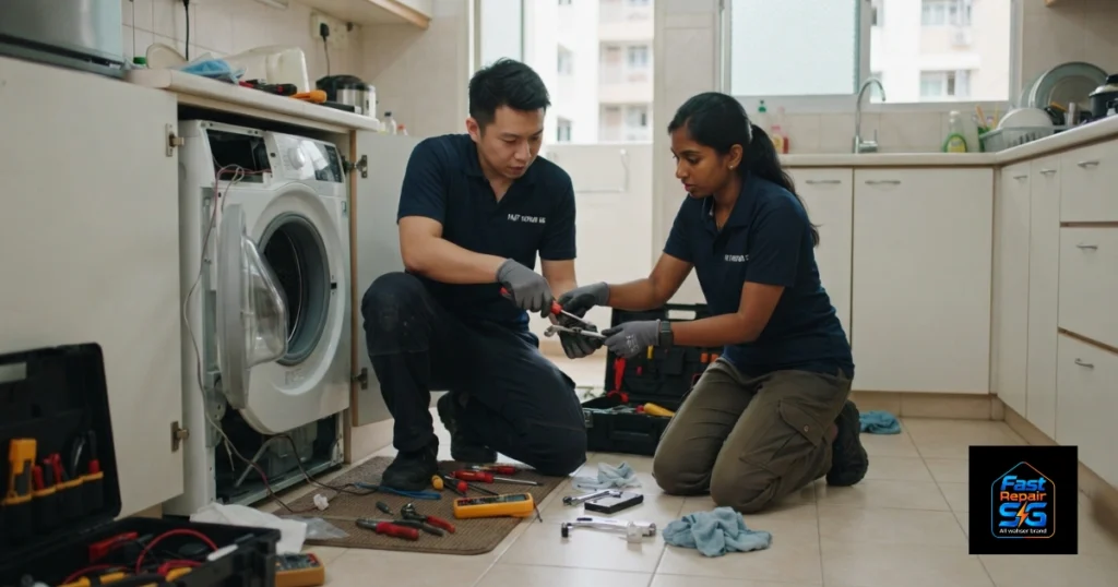 A Fast Repair SG image featuring a male and a female technician repairing a washing machine.