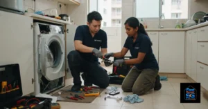 A Fast Repair SG image featuring a male and a female technician repairing a washing machine.