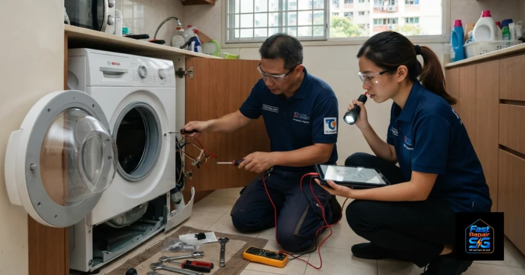 A Fast Repair SG image featuring a male and female technician repairing a front-load washing machine.