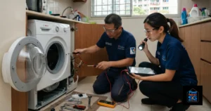 A Fast Repair SG image featuring a male and female technician repairing a front-load washing machine.