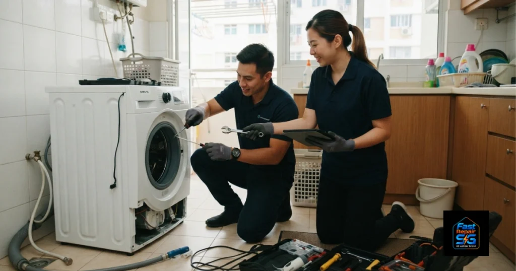 A Fast Repair SG image featuring a male and female technician is repairing a washing machine.