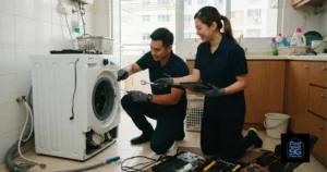 A Fast Repair SG image featuring a male and female technician is repairing a washing machine.