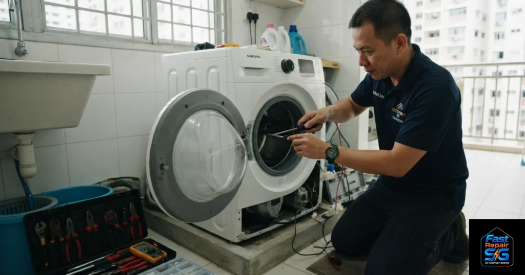 A Fast Repair SG image featuring a male technician is repairing a washing machine.