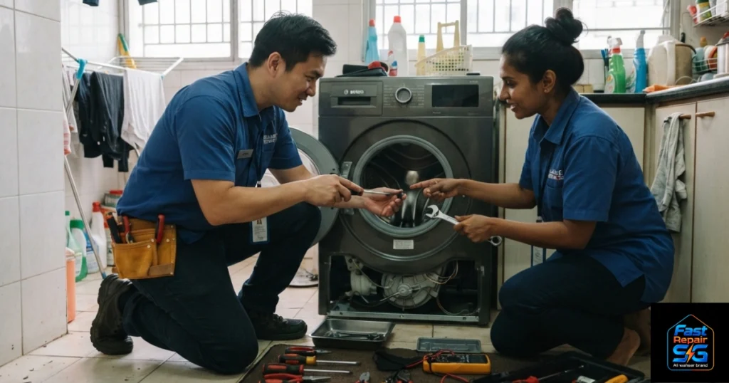 A Fast Repair SG image featuring a male and female technician is repairing a washing machine.