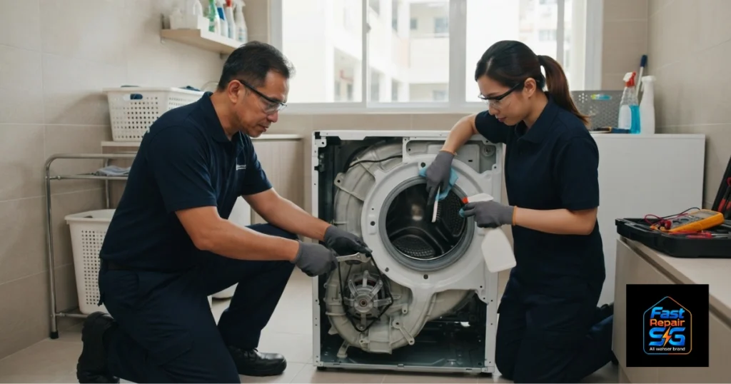 A Fast Repair SG image featuring a male and a female technician repairing and cleaning an open front-load washing machine.