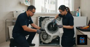 A Fast Repair SG image featuring a male and a female technician repairing and cleaning an open front-load washing machine.