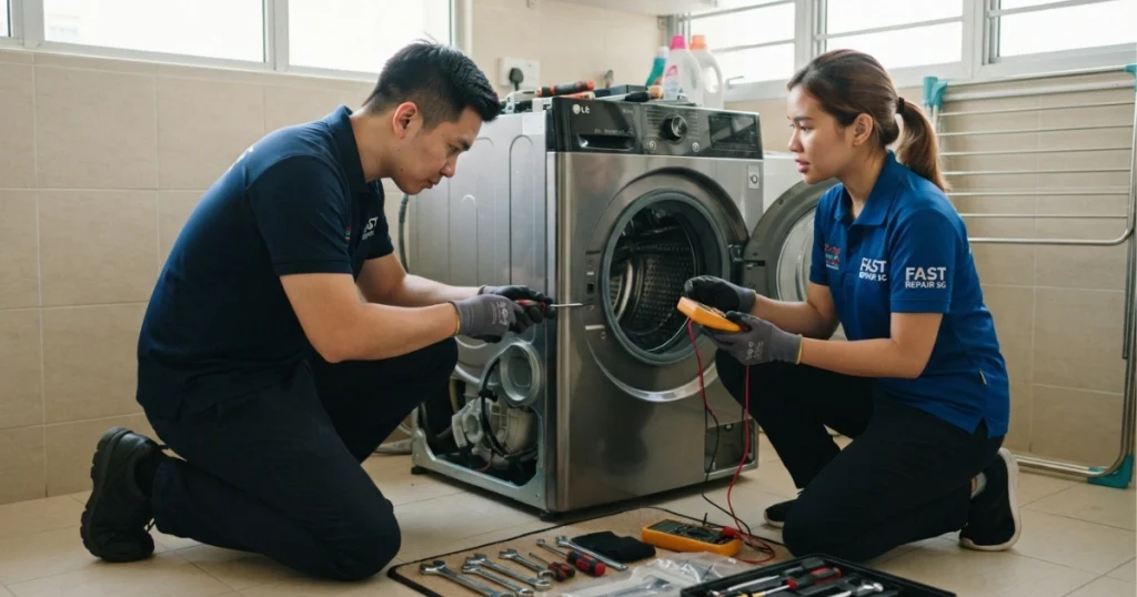 A Fast Repair SG image, featuring a male and female technician repairing a white front-load LG washing machine.