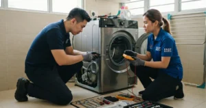 A Fast Repair SG image, featuring a male and female technician repairing a white front-load LG washing machine.