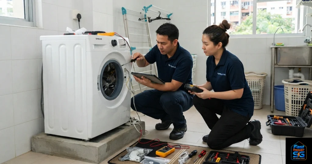 A Fast Repair SG image, featuring a male and female technician repairing a white front-load Samsung washing machine.
