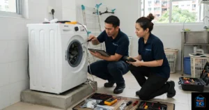 A Fast Repair SG image, featuring a male and female technician repairing a white front-load Samsung washing machine.