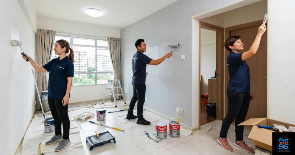 A Fast Repair SG image featuring a male and two females painting a wall.