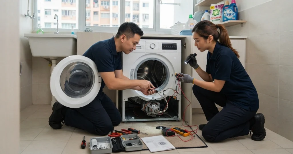 A Fast Repair SG image, featuring a male and female technician repairing a white front-load Bosch washing machine.