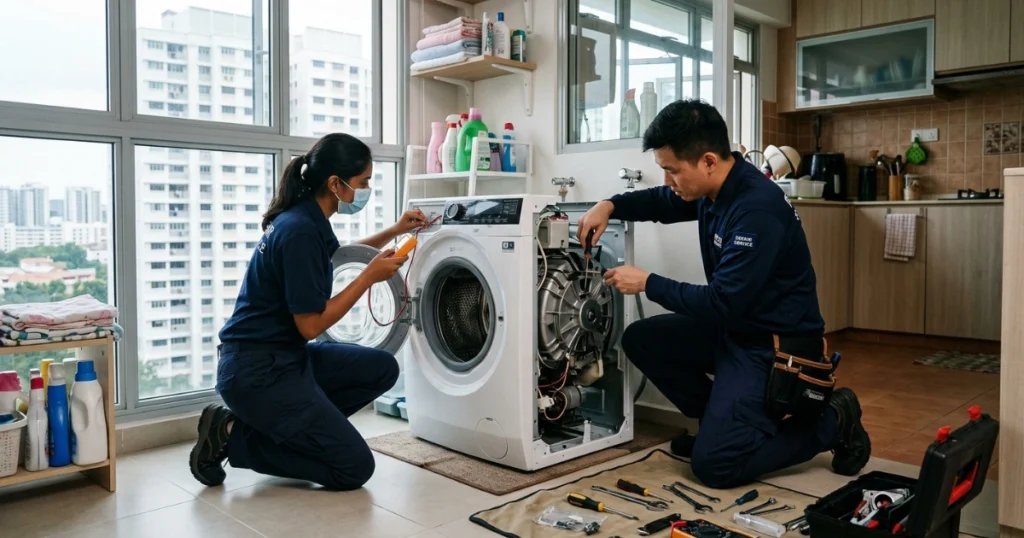A Fast Repair SG image, featuring a male and female technician repairing a white front-load Electrolux washing machine.